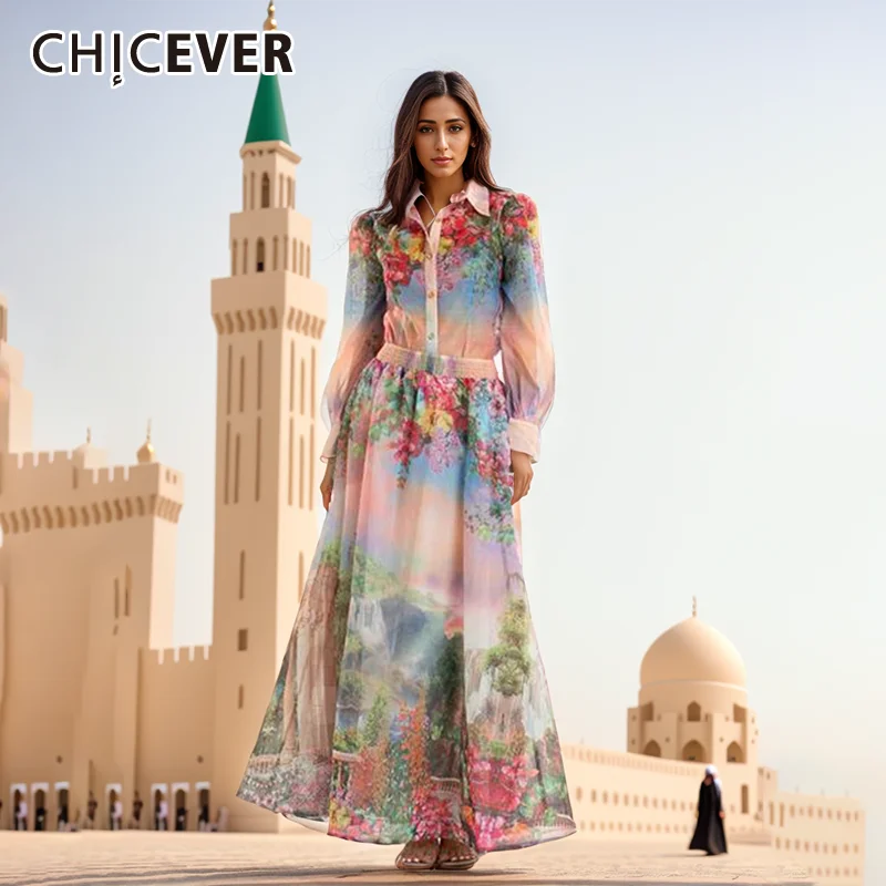 

CHICEVER Hit Color Printing Two Piece Set For Women Lapel Long Sleeve Blouses High Waist Loose A Line Skirts Casual Sets Female