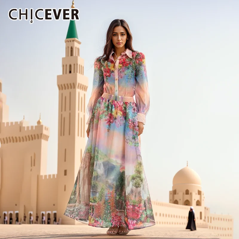 CHICEVER Hit Color Printing Two Piece Set For Women Lapel Long Sleeve Blouses High Waist Loose A Line Skirts Casual Sets Female