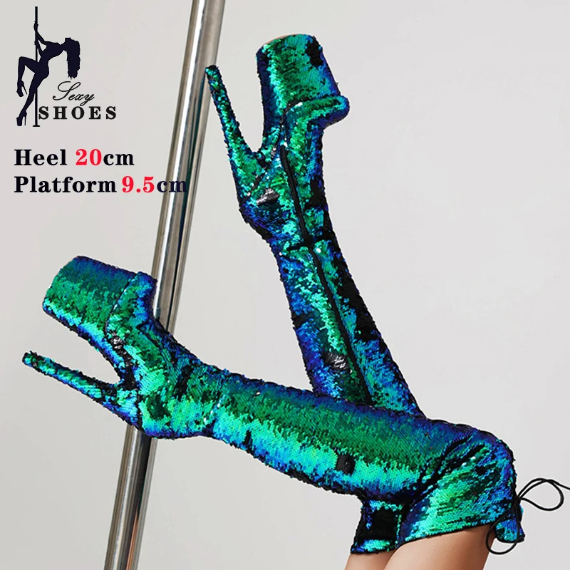 Thigh High Boots Women Plus Size High Heels Booties 20CM/8Inch Bling Sequin Nightclub Shoes Over the Knee Pole Dance Boots Mujer