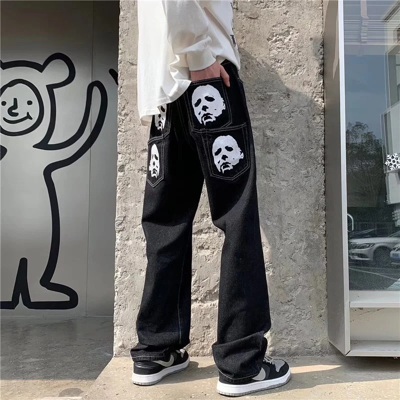 

Spoof Portrait Print Denim Pants Mens High Street Funny Loose Straight-leg Streetwear Casual Jeans y2k Trousers Men