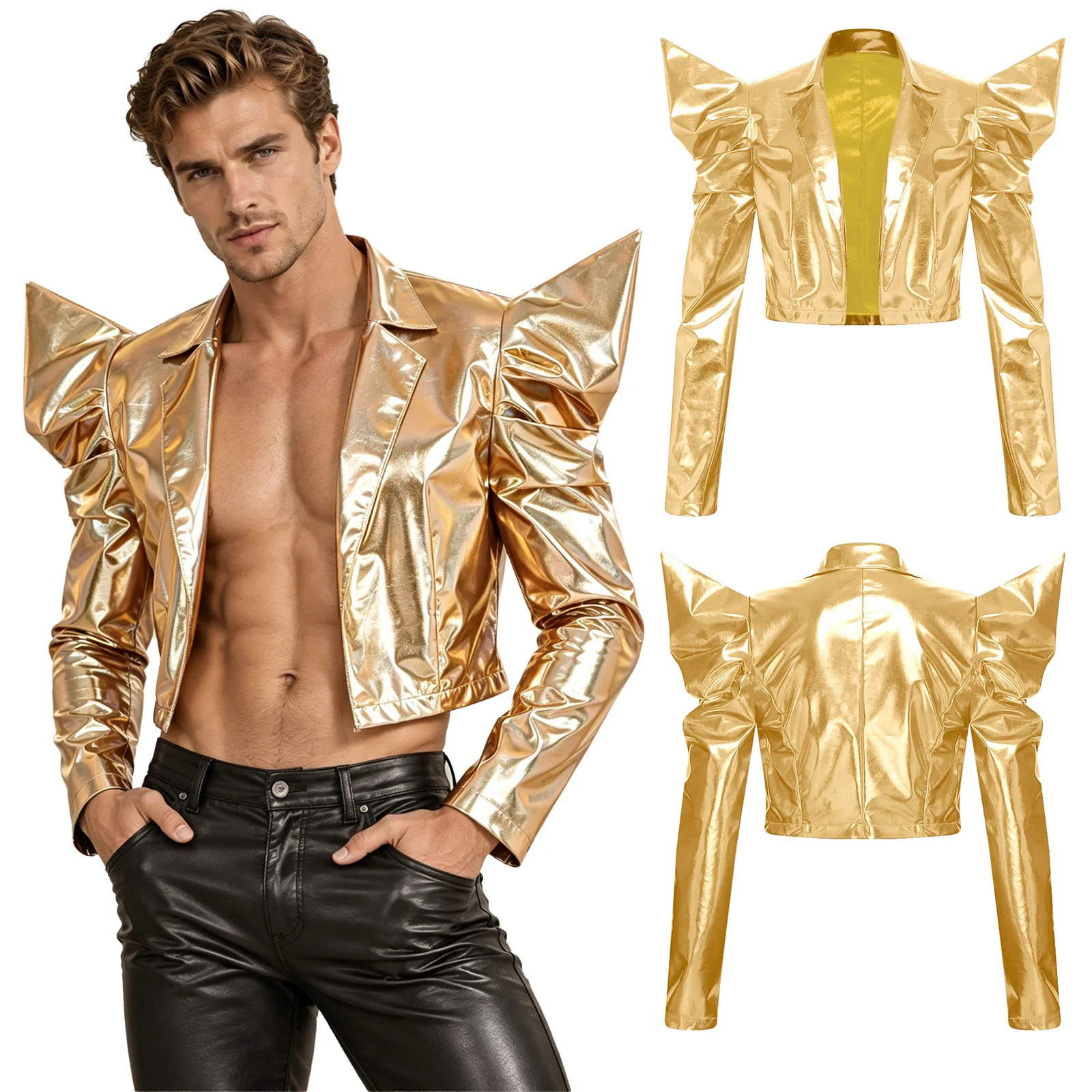 Adult Men Metallic Jacket Notched Collar Vest Sleeveles Outerwear for Hip Hop Dance Party Stage Performance Motorcycle Waistcoat