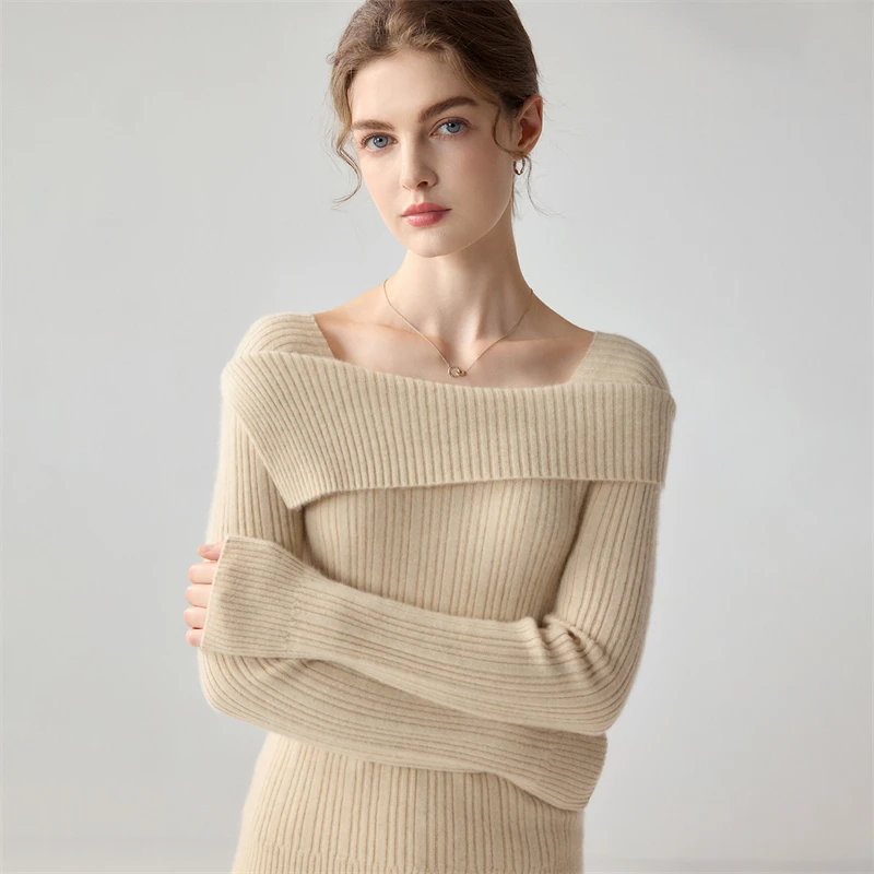 A-class high-quality women's 100% cashmere sweater French word neck pullover slim Tops fashion Jumper solid color Blouse