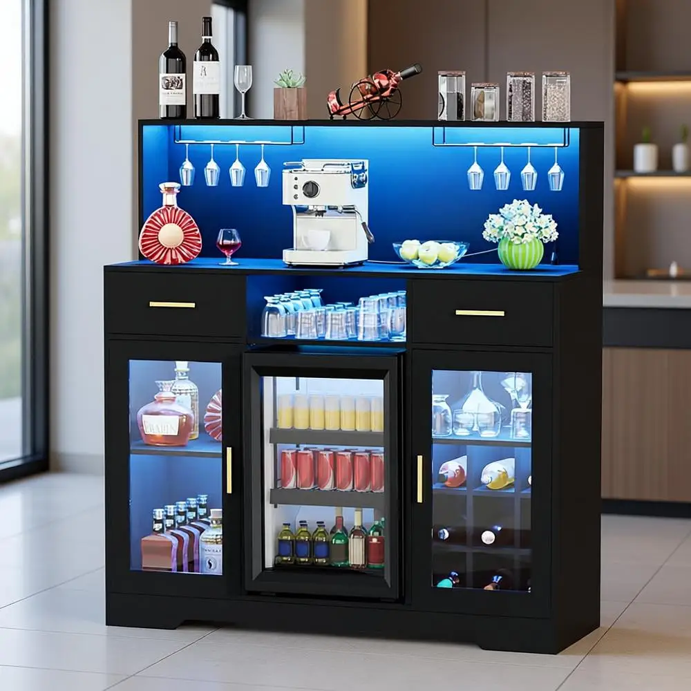 Compact Refrigerator Cabinet with Storage, LED-Lit Wine Bar, and Power Outlet for Home Coffee Bars and Modern Buffets