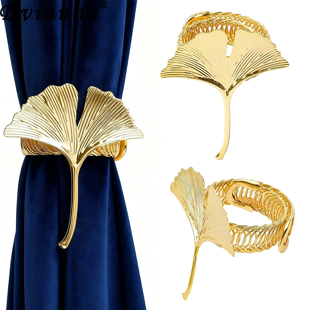 Dvianna 2Pcs Ginkgo Leaf Curtain Tiebacks No Drill Metal Spring Curtain Holdbacks Window Drape Decorations