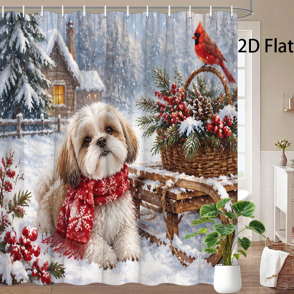 1pc 2D Flat Shower Curtain, Shih Tzu Red Scarf Cardinal Bird Rustic Cabin Snowy Landscape Printed Shower Curtain