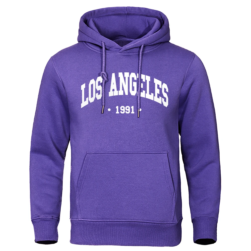 Los Angels 1991 Usa City Letter Hoody Mens Casual Comfortable Pullover Oversized Loose Sweatshirt Fleece Pocket Warm Sportswear