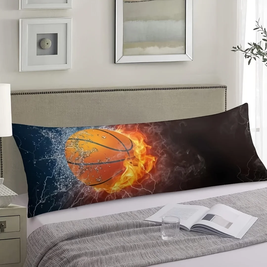 Basketball Fire & Water Design Body Pillow Cover - Retro Style Zippered Pillowcase with Dynamic Flames & Water Splash Art