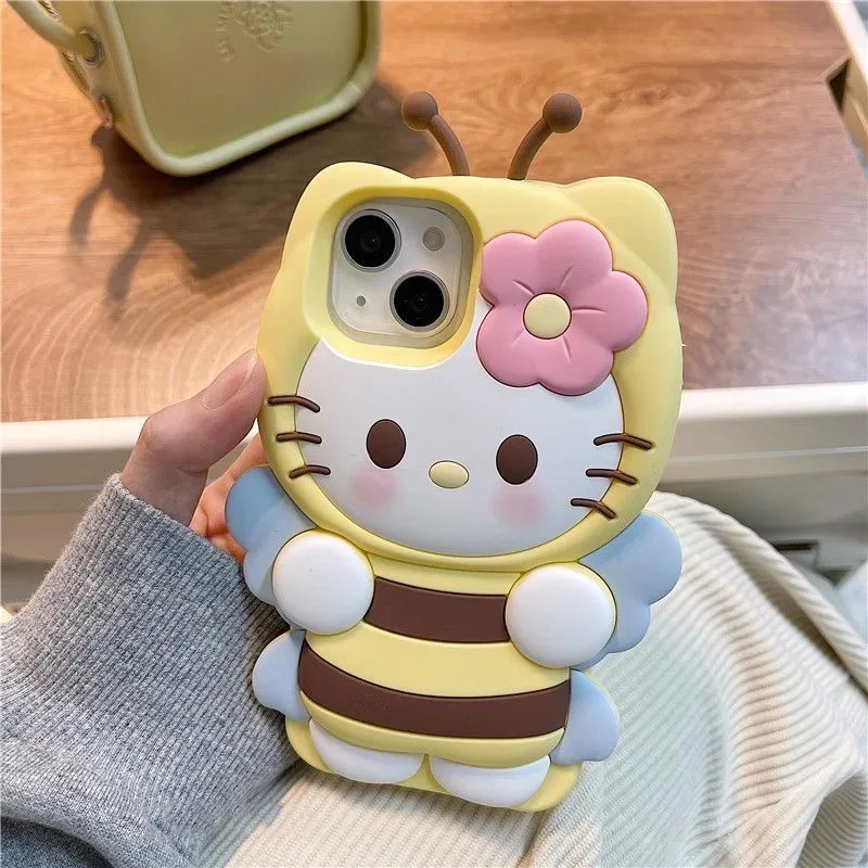 Olá kitty kawaii 3d fly bee bonito kt caso de telefone para iphone 15 14 13 pro max 11 12 13 pro xr xs max 7 8 plus menina y2k capa