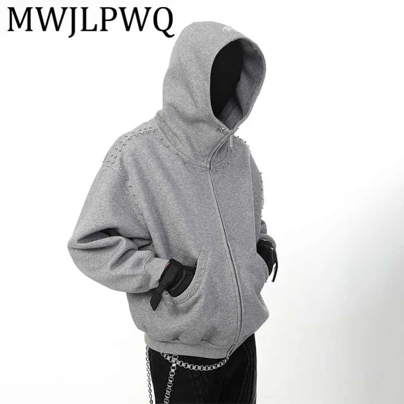 

MWJLPWQ Niche Heavy Craft Rivet Design Hooded Sweatshirt Men's High Street Zipper Autumn Winter Couple Loose Cardigan Tops 11804