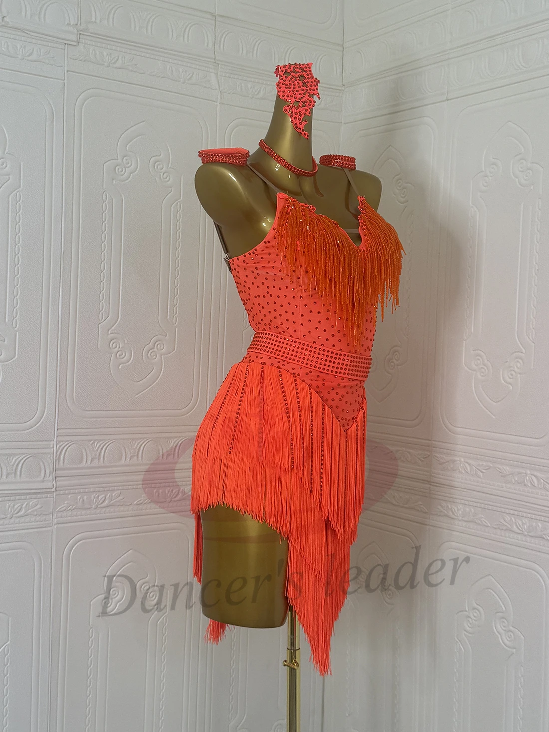 Dança latina adulto crianças vestido ab pedra high-end personalizado laranja grânulo tubo borla cha tango roupas femininas