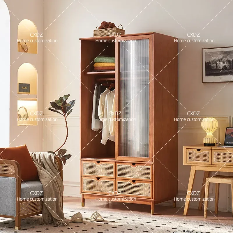 Nordic rattan solid wood log wardrobe small apartment Japanese wardrobe four seasons simple storage household bedroom