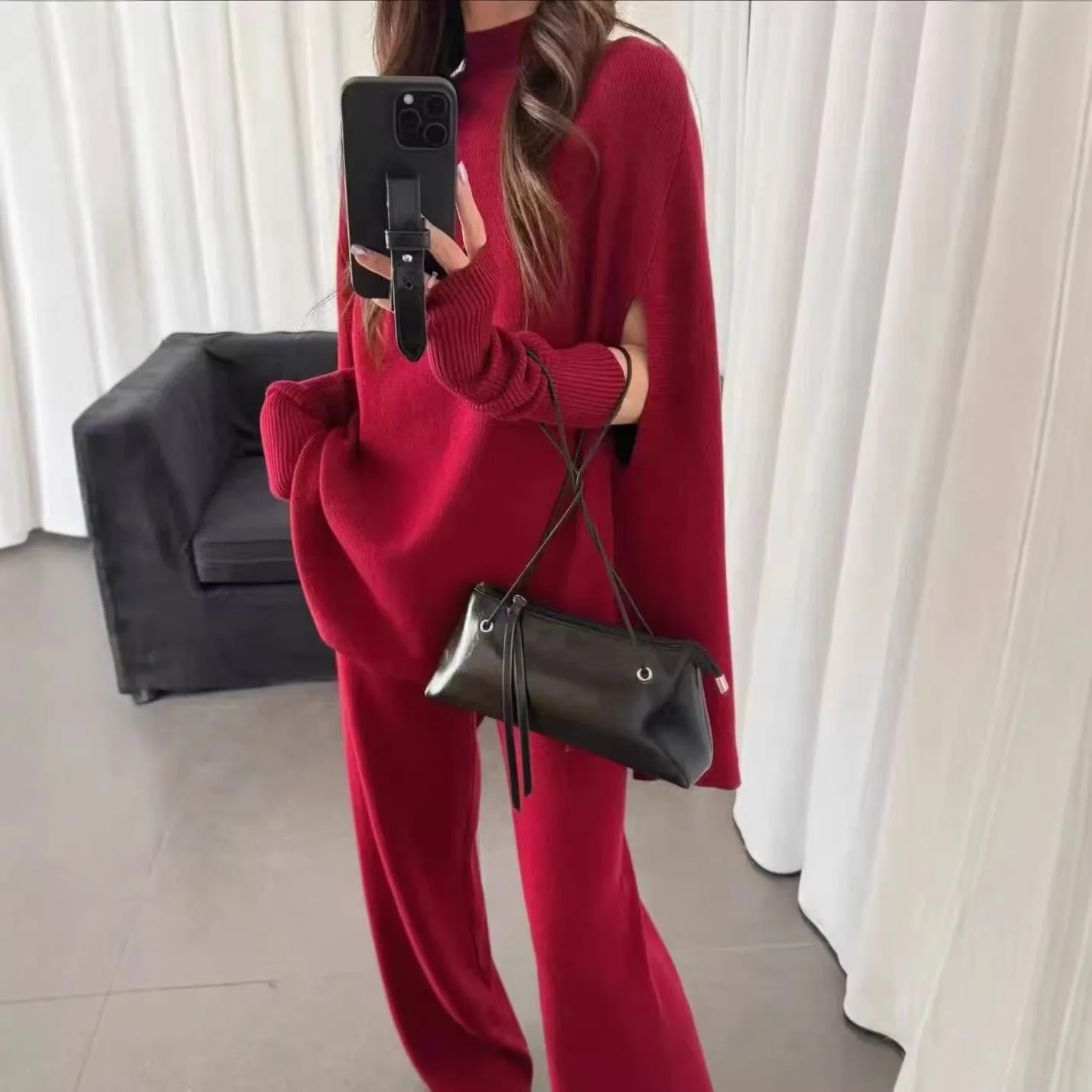 SuperAen ルーズバットウィングスリーブセーター女性用ワイドレッグパンツ取り外し可能な袖秋と冬のファッション 3 点セット