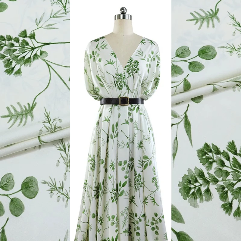 

Green Branch and Leaf Silk Double Qiao Crepe Printed Fabric DIY Cool Breathable Shirt Dress High Quality Silk Fabric Promotion