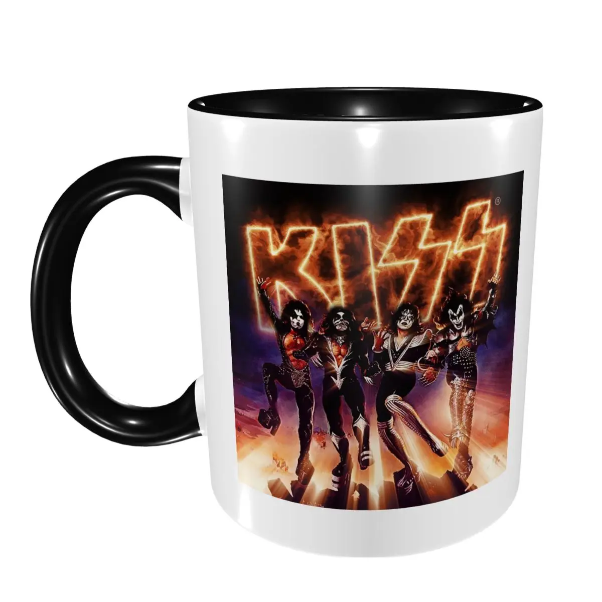 KISS The Band - Destroyer Fire Log Mug Funny Ceramic Coffee Cups Tea Mugs Milk Cup Drinkware Gifts for Woman Man