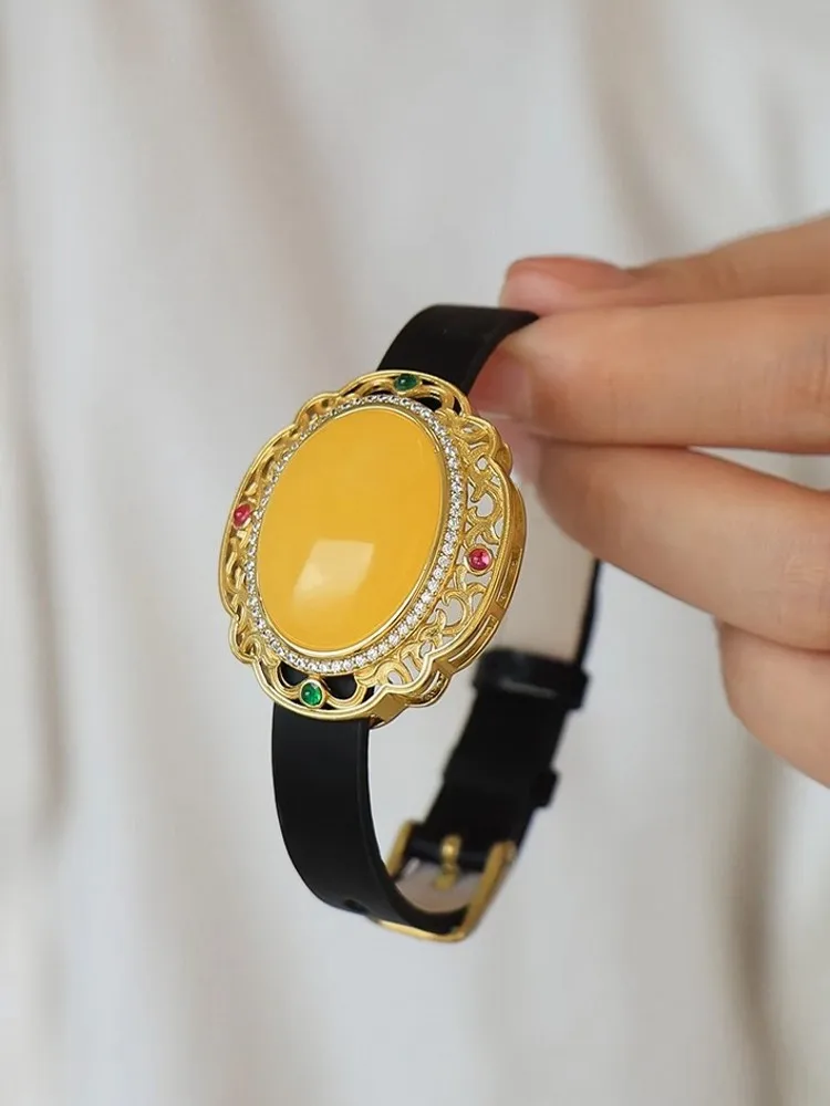 مكتب السيدات العمل العنبر الطبيعي بولي Leather الجلود دبوس مشبك سوار المرأة خمر S925 الفضة الإكسسوارات والمجوهرات مصمم أساور #3