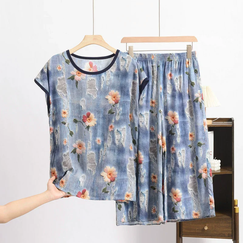 

XL-6XL Large Sets Home Wear Floral Summer Pajamas Set Sleepwear Thin Sleeveless Nightwears For Ladies Pyjama Night Suits
