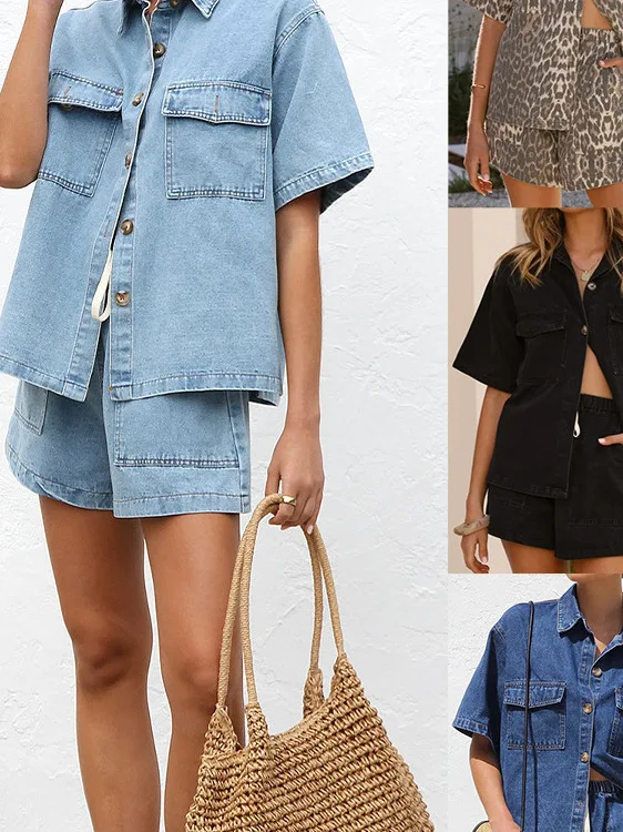 طقم نسائي من قماش الدنيم irt and orts ort Sve عالي الخصر مستقيم الساق Faion صيفي غير رسمي مكون من قطعتين