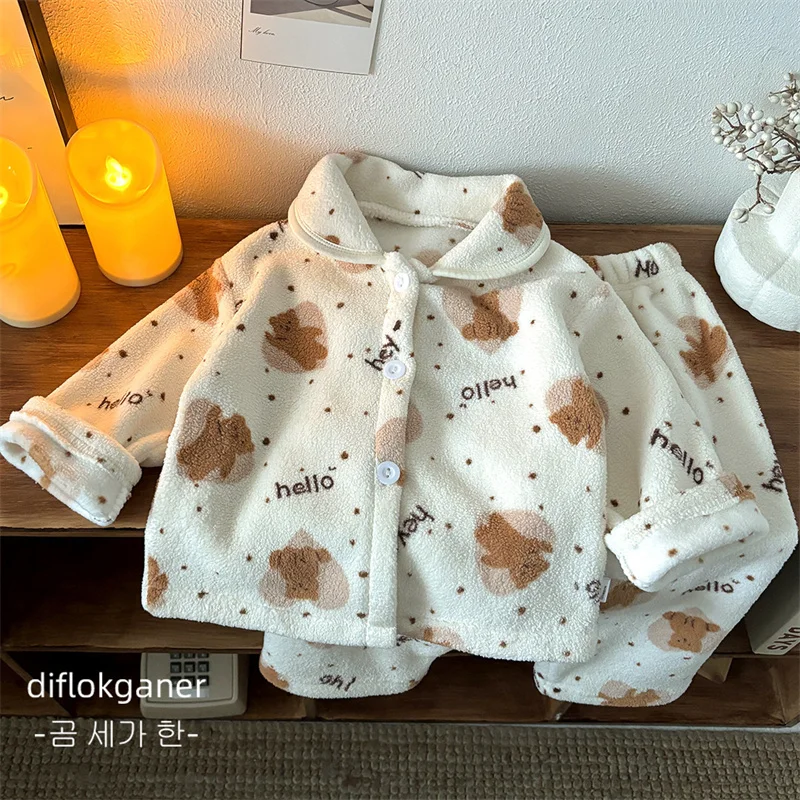 Children Comfortable Home Suits Kids Casual Long Sleeve Top+Pants 2Pc Outfits Boys Girls Cute Print Polar Fleece Soft Clothes
