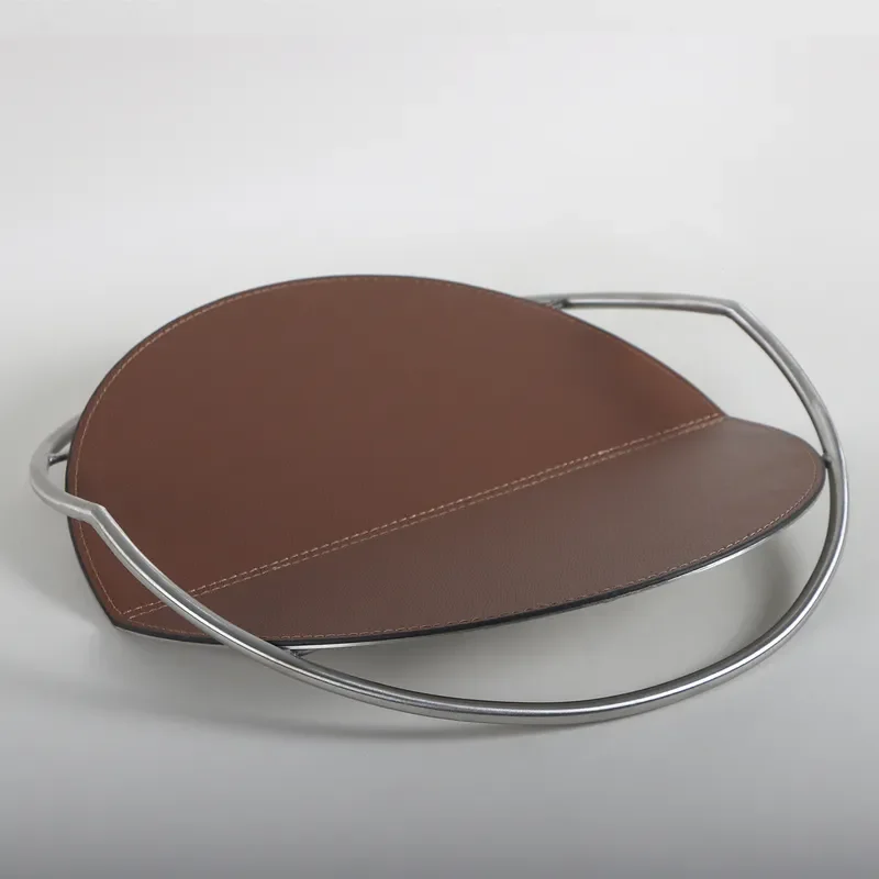 Modern Luxury Metal Leather Tray Decorative Plate for Home Desktop Ornament High End Niche Model House Decoration Accessory