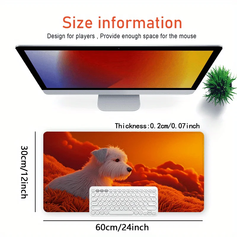 Tapis de souris extra-large au design artistique pour chien – Base en caoutchouc souple antidérapant, paysage rouge et orange vibrant avec chien blanc, 88,9 x 40,64