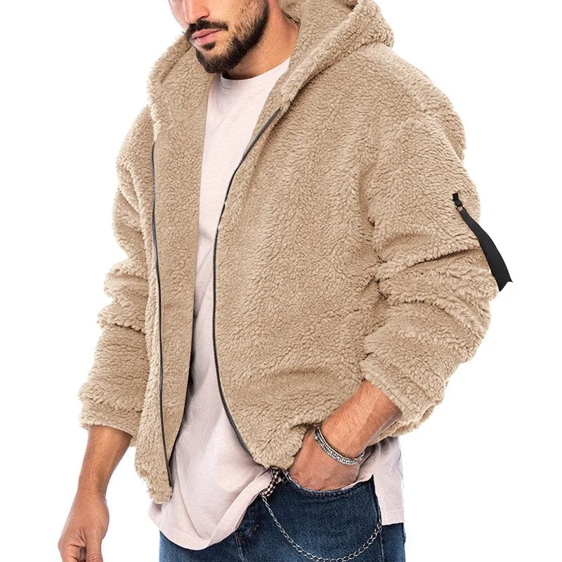 Herren Winter Reißverschluss Fleece Kapuzenjacke Vintage Casual Streetwear Lose Einfarbig Hoodie mit Taschen Freizeit Mode Mantel – Detail 21