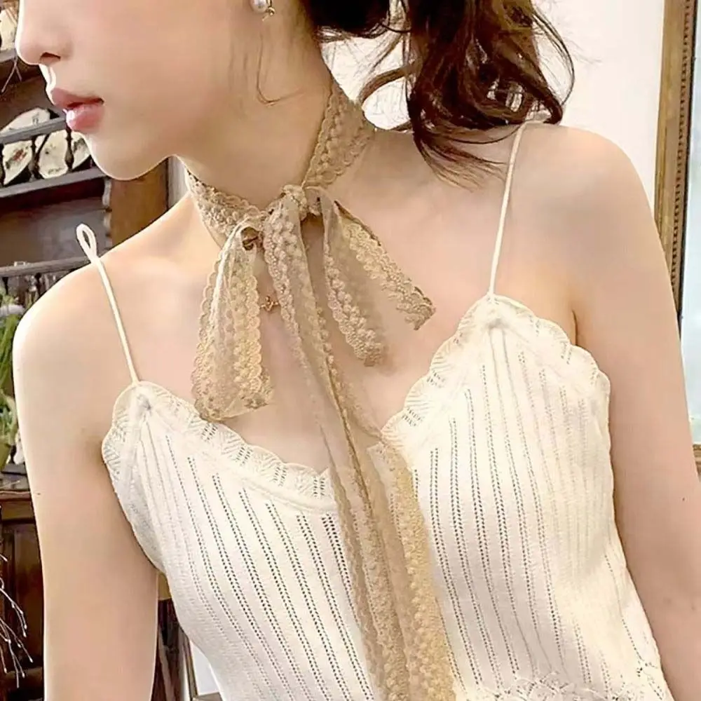 

Luxury French Style Lace Narrow Neckerchief Embroidery Hairband Mesh Thin Scarf Bag Decoration Elegant Y2k Long Shawl Party
