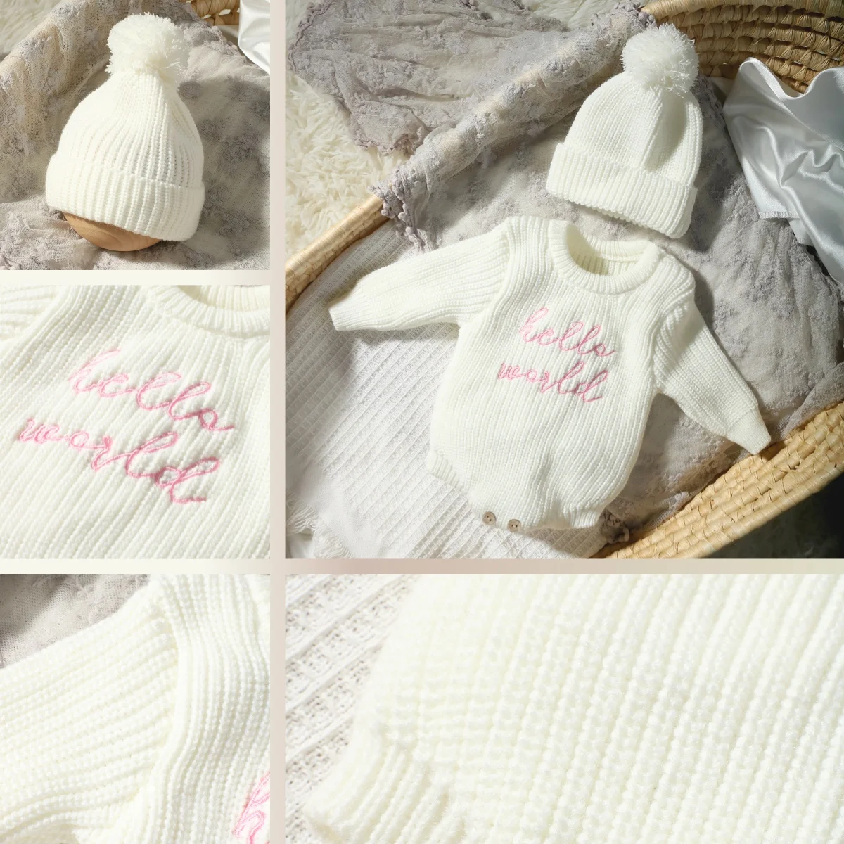 Hello World Knitting Newborn Photography Romper with Matching Pomp Hat Baby Boy Girl Sweater Outfits for Photo Shooting