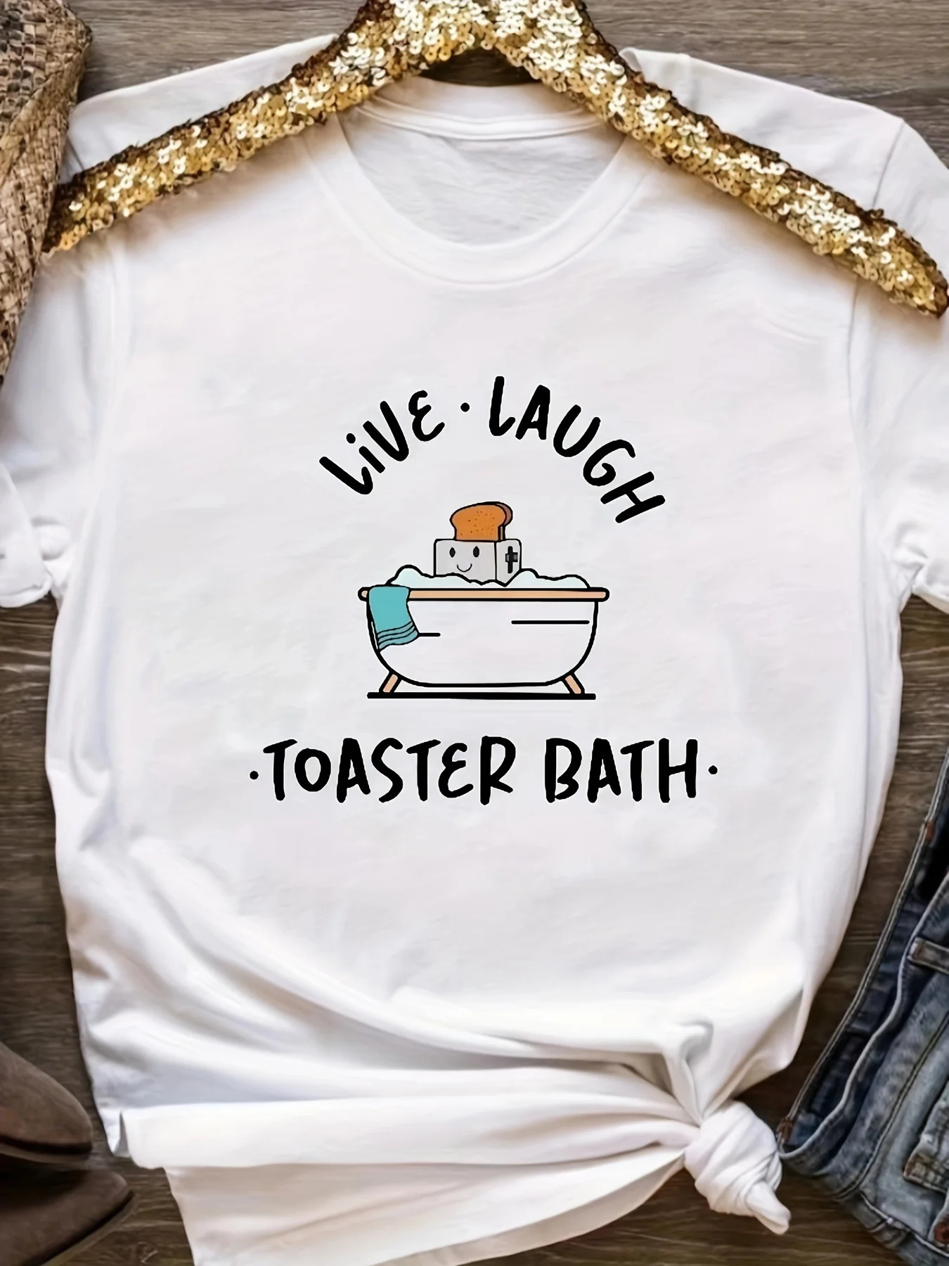 Toaster Bath Dark Humor Letter Print Casual T-Shirt, Round Neck Short Sleeves Slight Stretch Sports Tee, Women's Activewear