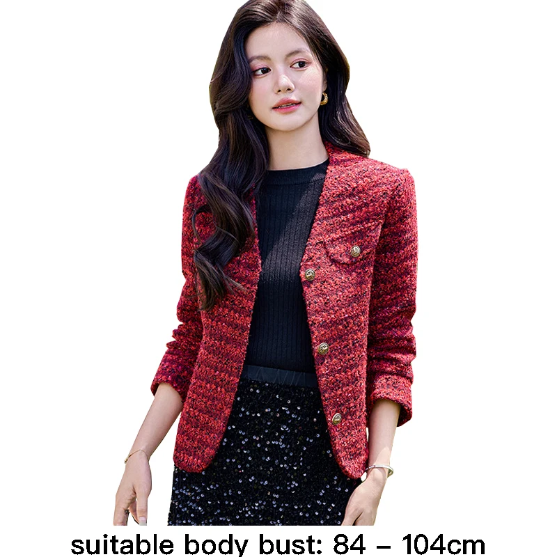 High quality short woolen blazer for women single breasted V neck new spring 2025 elegant fashion office clothes brown grey red