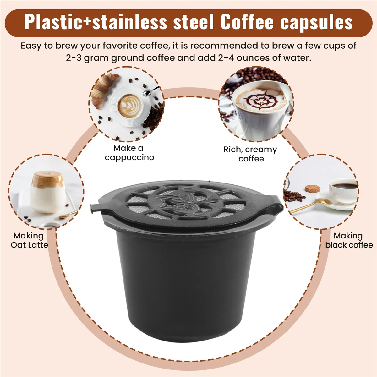 AT14 5 Reusable Nespresso Capsules Refillable Coffee Capsule Filter with Nespresso Coffee Machines with Coffee Spoon Brush