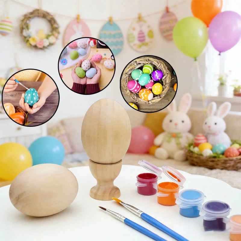 Wooden Easter Eggs DIY Painting Toys Kids Pretend Play Creative Doodle Toys Wooden Bead Decor