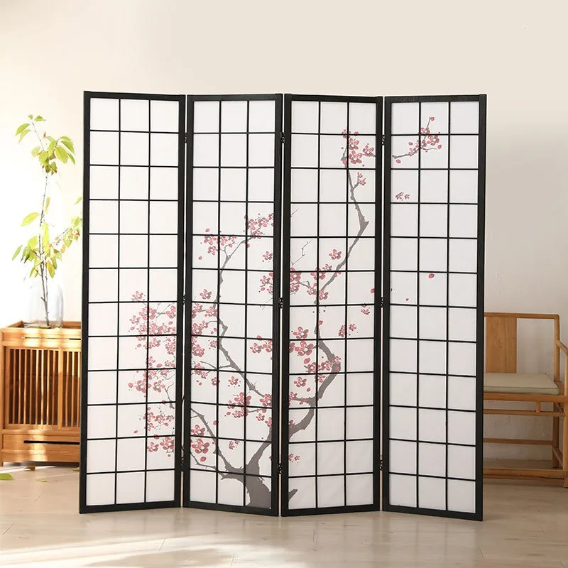 Black frame Japanese screen folding mobile partition living room with baffle simple wooden cinnamon grid plum blossom pattern