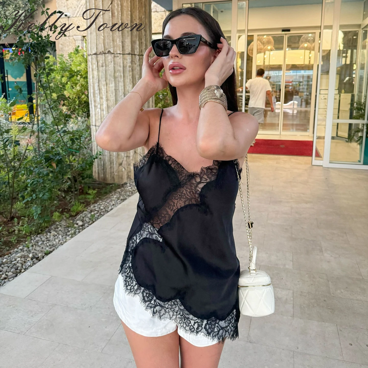 Sexy Asymmetrical Satin Slip Top Black Backless Lace Camisole Women Street Chic Spaghetti Strap Tops 2026 Summer Casual Vest