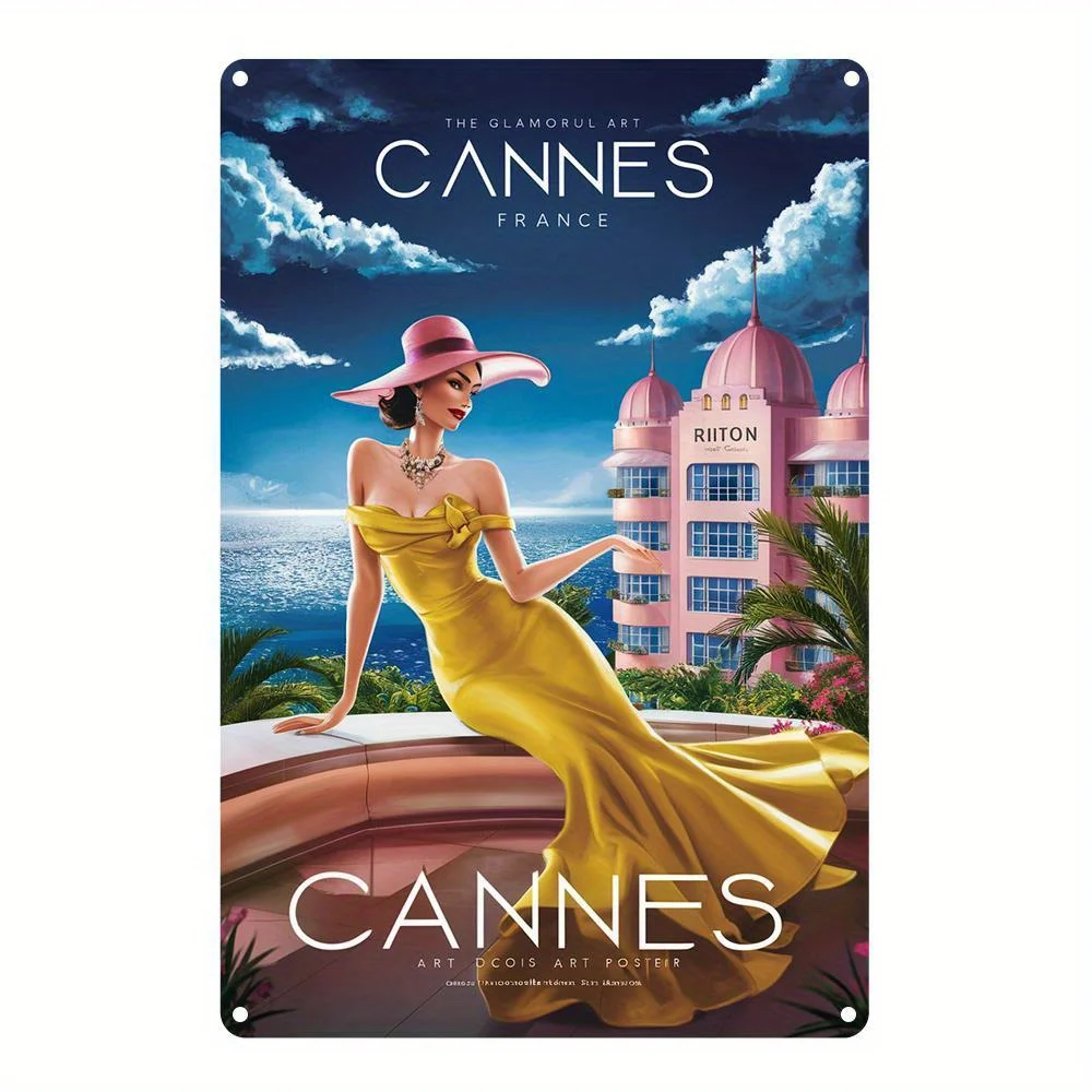Letreros y placas decorativas: elegante letrero de metal para pared con motivos de Cannes, Francia: una mujer glamurosa vestida con un vestido amarillo.