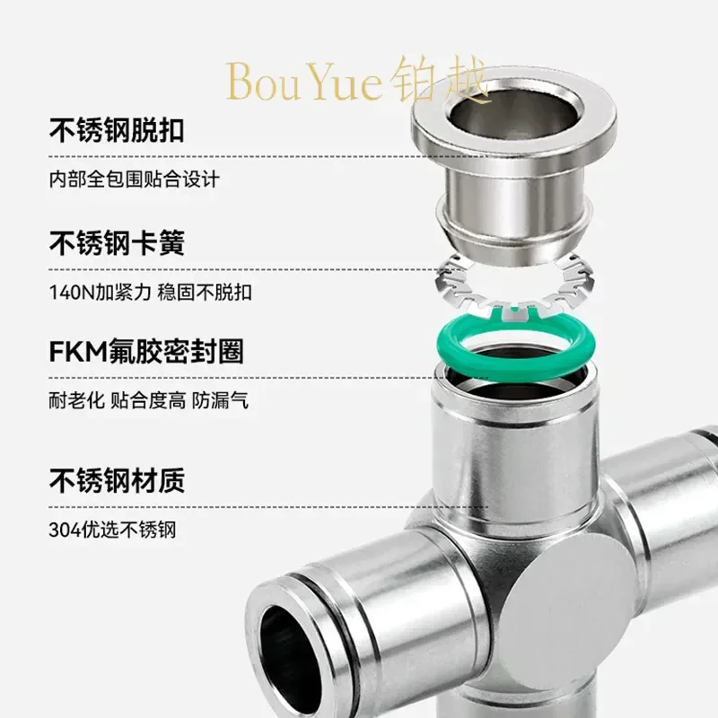 for PY/PE 6/8 304 Stainless Steel Pneumatic Quick Plug Connector Tracheal Tee High Temperature Pressure Corrosion Resistance