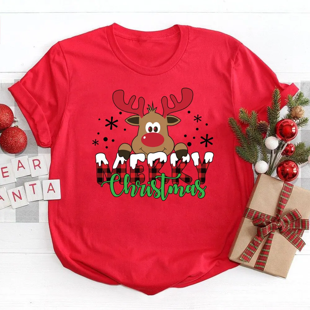 Merry Christmas&Deer Print Women's T-shirt Casual Short Sleeve Girl Tee Shirt Christmas Party Clothes Best Gifts To Friend