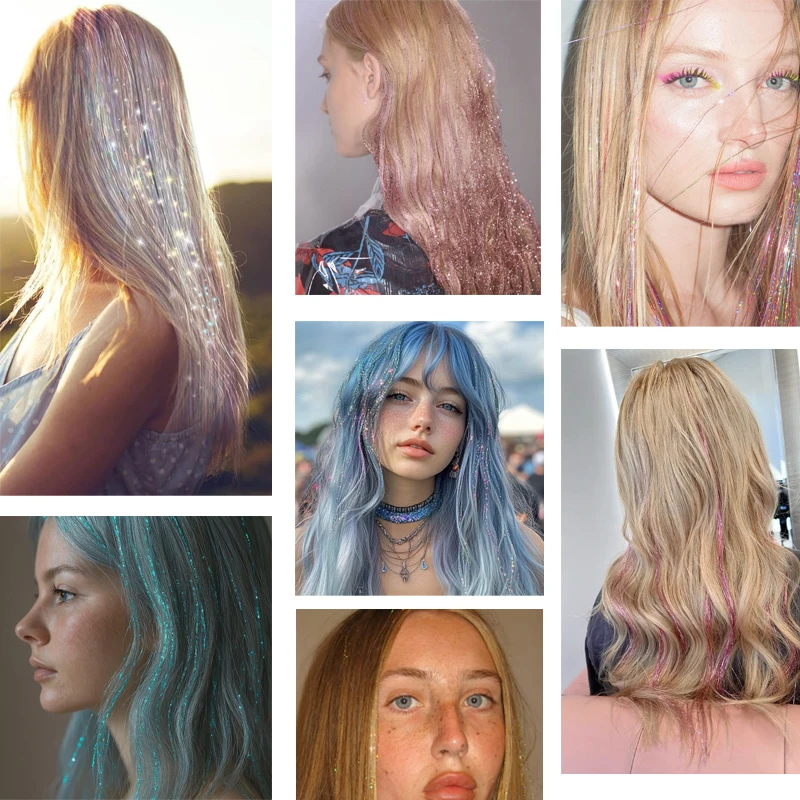 6개입 24인치 퍼플 틴셀 헤어 키트 글리터 헤어 익스텐션 반짝이는 컬러 헤어 틴셀 여성용 크리스마스 파티용 반짝이는 헤어