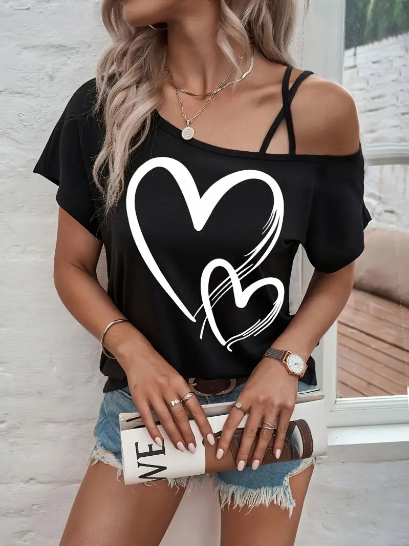 Women's Heart-Shaped Print T-Shirt Short-Sleeved Casual Top with Wide Truffle Shoulder Design Inspired Diagonal Shoulder Style