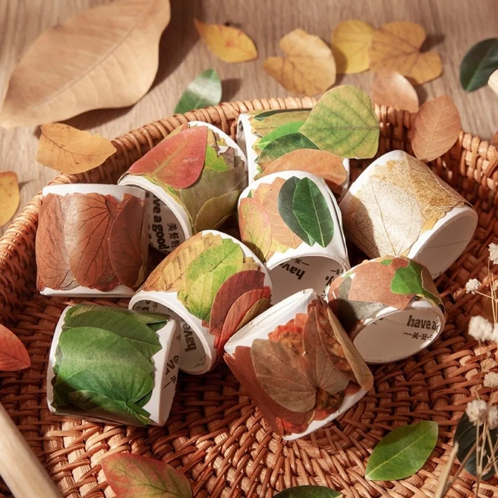 50 Pcs Decoration Self-adhesive DIY Leaf Paper Stickers Leaf Shape DIY Scrapbooking Plant Stickers Roll Stickers Student