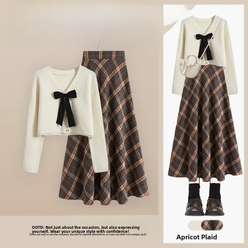 

Вязаный свитер в стиле ретро и комплект юбки с высокой талией для женщин с галстуком-бабочкой, длина свободного покроя, круглый Ne Long Sve Autumn Sp...