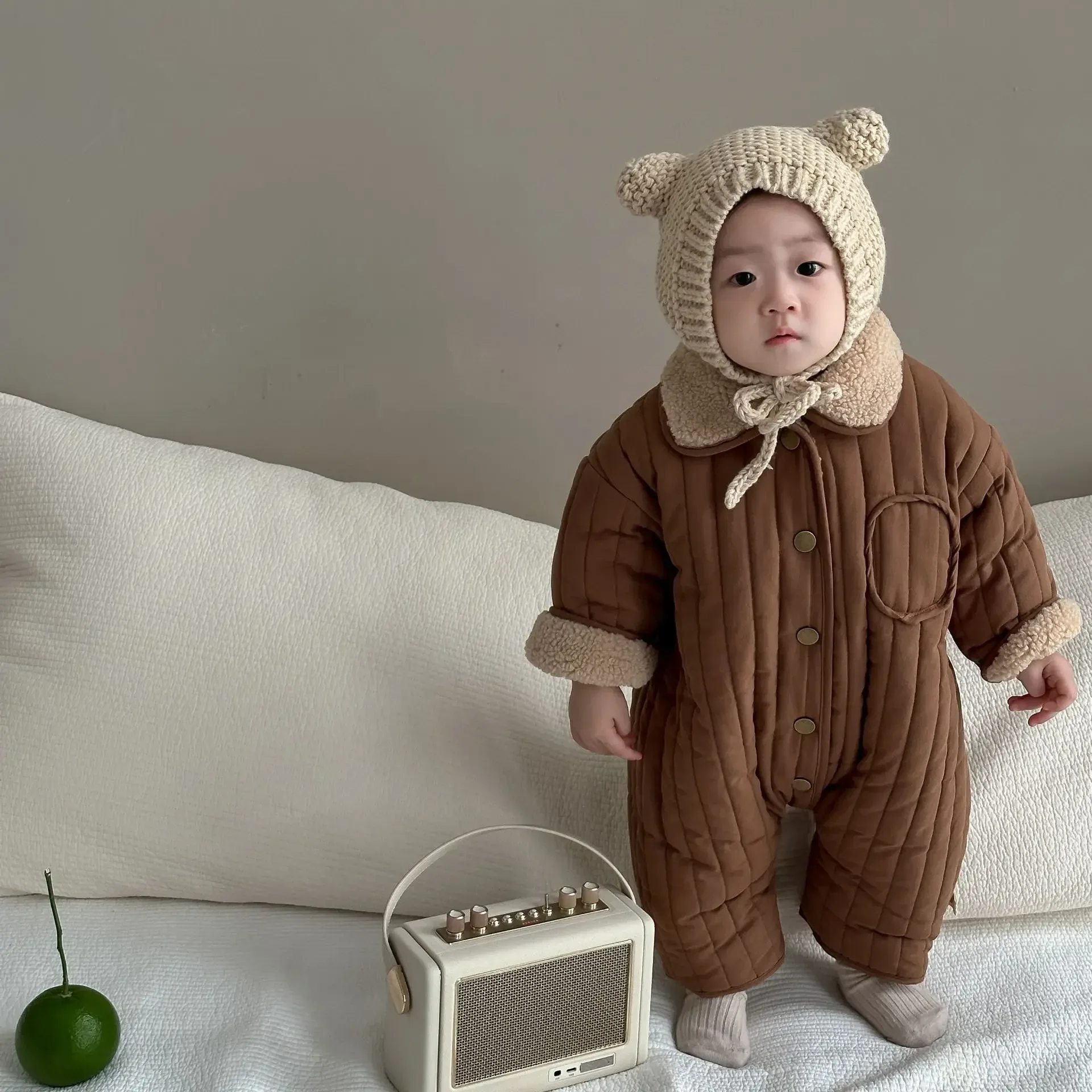 2024 Winter New Baby Warm Lamb Cashmere Romper Newborn Plus Velvet Thick Clothes Infant Boy Lapel Double Sided Jumpsuit 0-24M