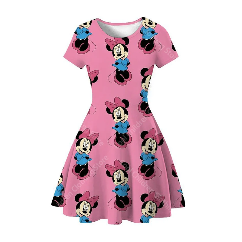 MINISO Disney Girl Dresses Summer 3D Cartoon Mickey Mouse Minnie Short Sleeve Cute Birthday Party Princess Dress Toddler Clothes