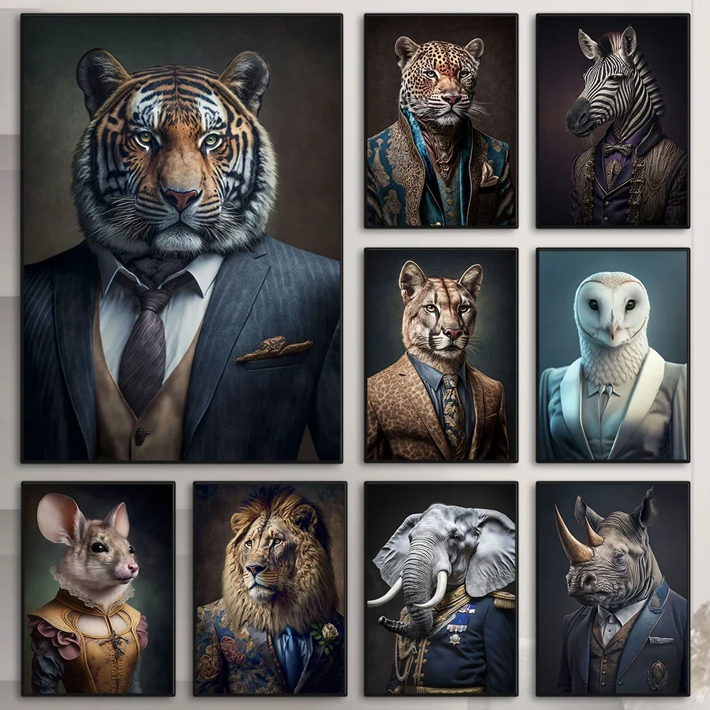 Animal Gentleman In Suit Tiger Lion Zebra Wall Art Canvas Painting Portrait Posters and Prints for Living Room Home Decoratio