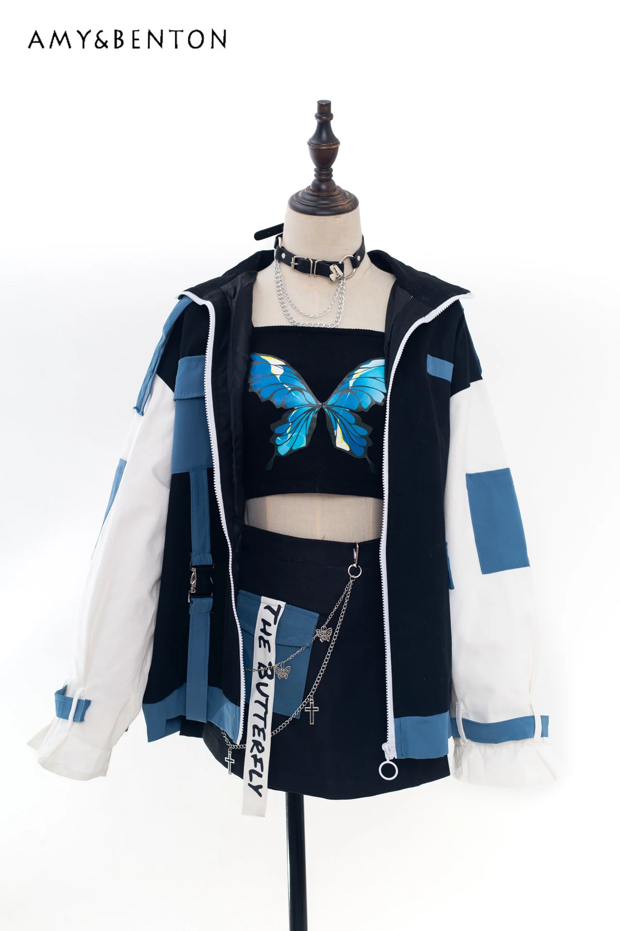 Japanese Safari Sweet Patchwork Color Lace-up Jacket Butterfly Print Sling Harajuku Chain Pendant Shorts Fall Three-Piece Sets