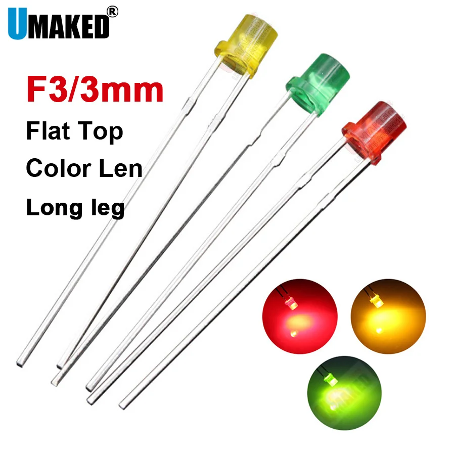 

1000pcs 3mm Color len LED flat top lamps diodes chip,long leg light beads F3 led Emitting diodes R/G/Y Lighting DIY led lamp