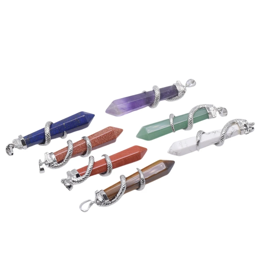 Silver Plated snake Charms Hexagonal Point Pendant Natural Amethysts Pink Crystal Black Onyx Red Stone Long Necklace Pendants