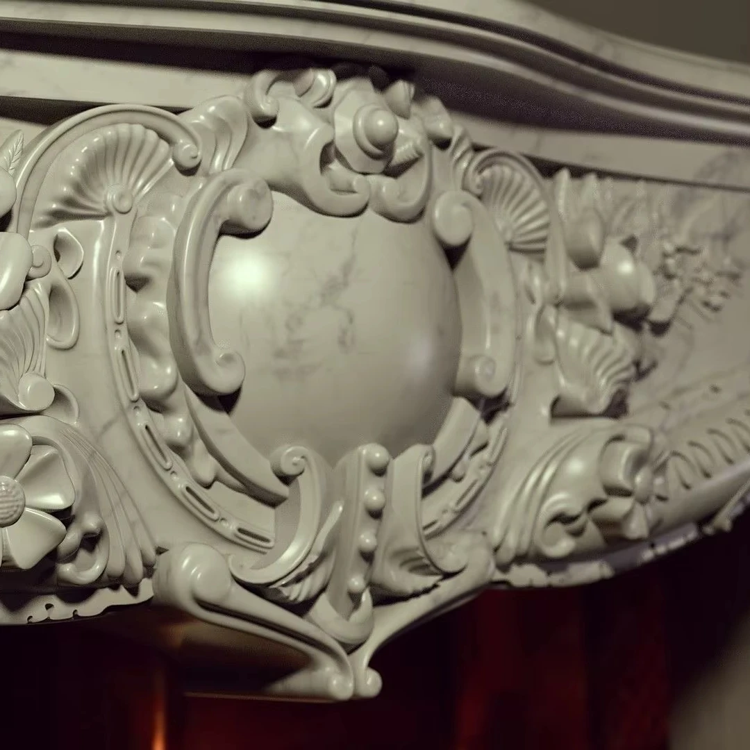 مدفأة من الرخام الفرنسي الطبيعي المنحوت يدويًا تحيط عباءة لديكور المنزل