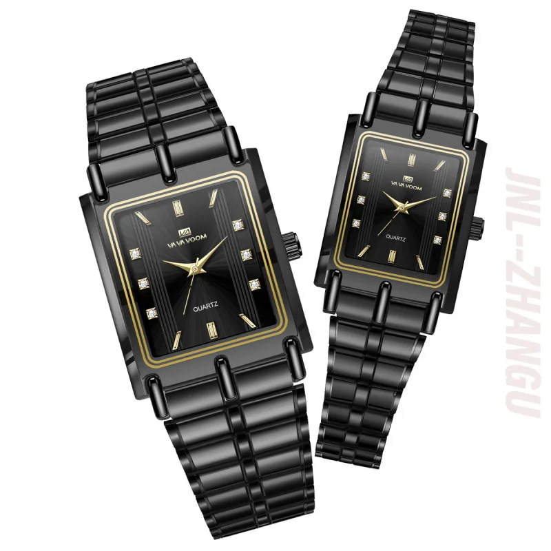 New Design Luxury Paired Stainless Steel Band Rectangle Case Quartz Watches Wholesale Diamond Business Couple Watch view 3