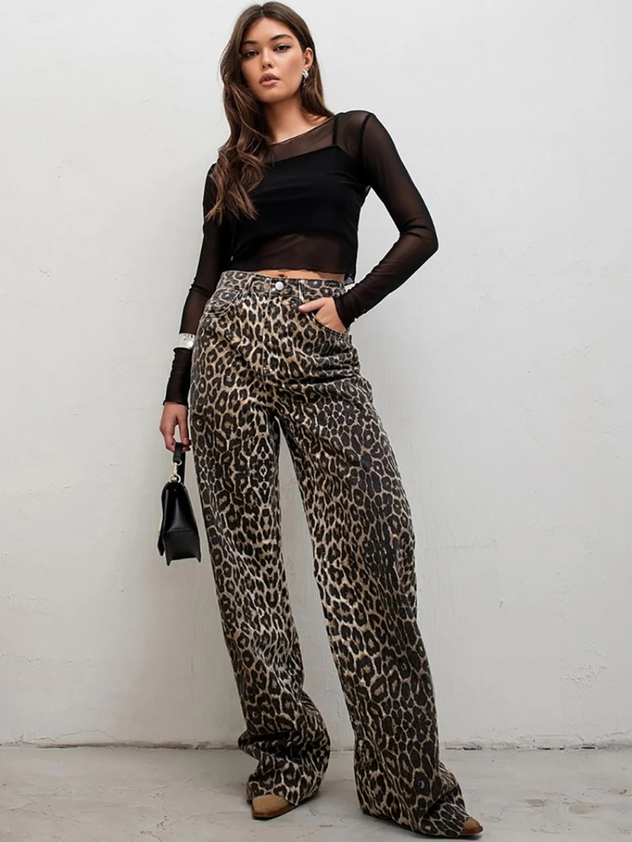 Wolfeel 100% Cotton Summer Women's Leopard Print High Waisted Pants Loose Fashionable Office Lady Niche Straight Leg Pants