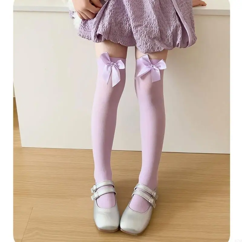 D7YD الفتيات الجوارب بطول الركبة مع لهجة القوس جميلة ل 3-13T الأطفال الجوارب الحلوة